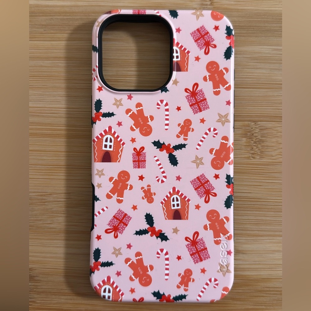 iPhone 16 Pro Max Casely Pink Holiday Phone Case with Gingerbread and Gifts